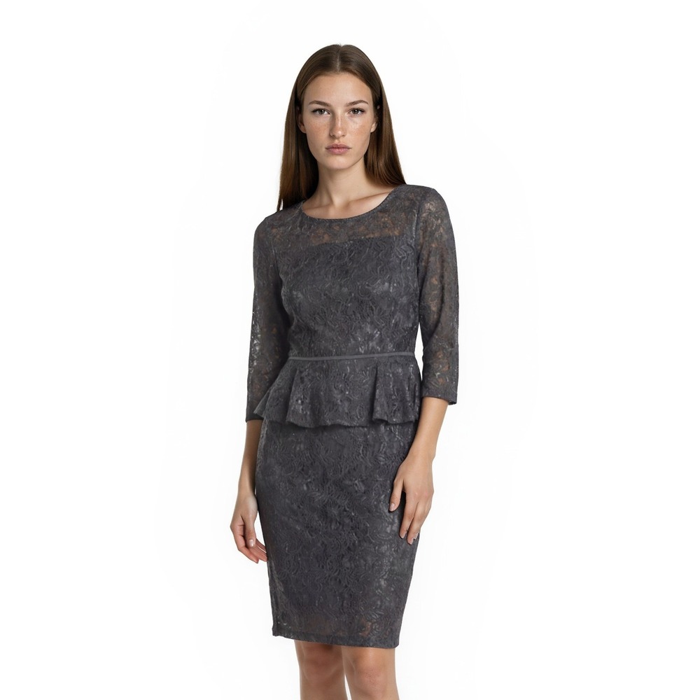 Adrianna Papell Charcoal Lace Peplum Sheath Dress with Three-Quarter Sleeves